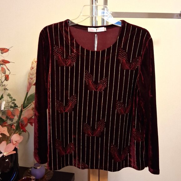 NWT Scoop Neck Wine-red Burgundy Embroidered Blouse Long Sleeve Women’s Top 12 - Picture 8 of 9